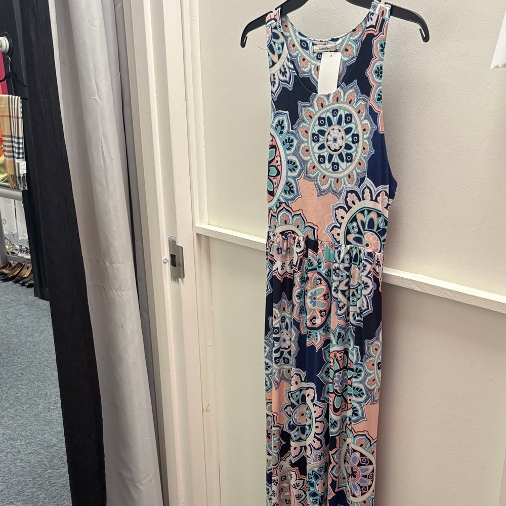 NWT Casual  Maxi Dress with Blue and Peach Mandala Print